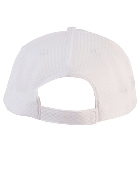 A white athletic mesh cap with a textured pattern and an adjustable strap at the back.