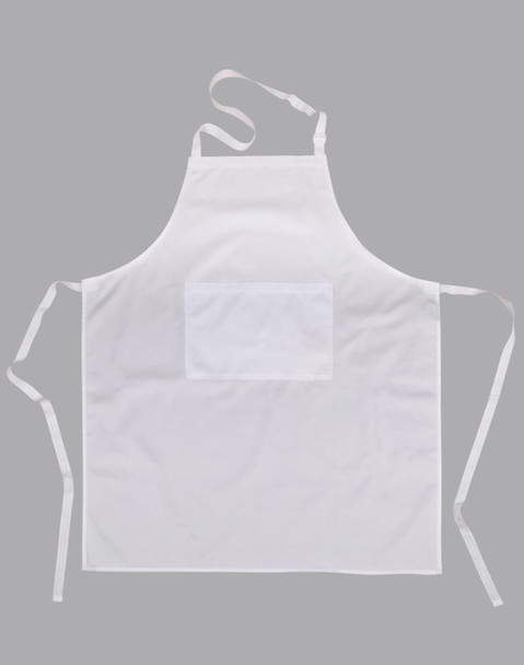 A white bib apron with a pocket and adjustable ties, featuring a logo on the front.