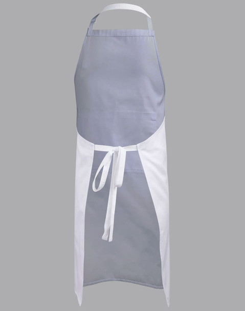 A bib apron featuring a grey top and white lower section, with an adjustable neck strap and a tied waist.
