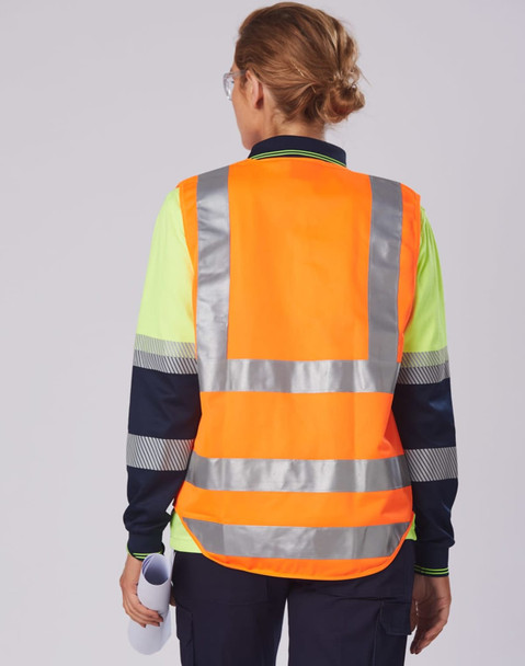 A long-sleeve safety polo in fluorescent yellow and orange with reflective stripes and branding on the back.