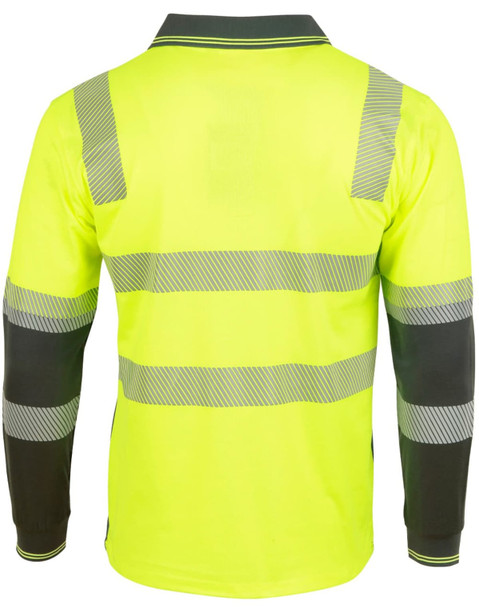 A long-sleeve safety polo in hi-vis yellow with grey reflective stripes and detail. Features a logo on one side.