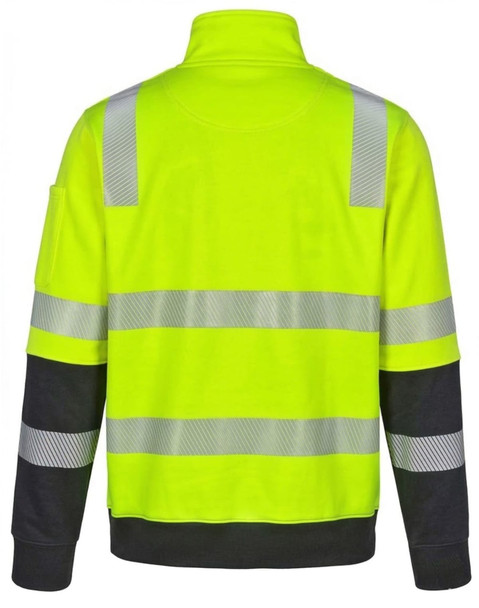 A high-visibility yellow safety jumper with reflective stripes and black sleeves, featuring a logo on one sleeve.
