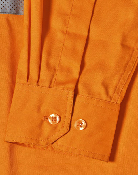 An orange work shirt featuring cuff details and a textured panel, with a logo visible on the fabric.