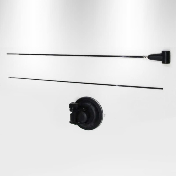 A blade suction cup flag with a black suction base and two black flexible poles.