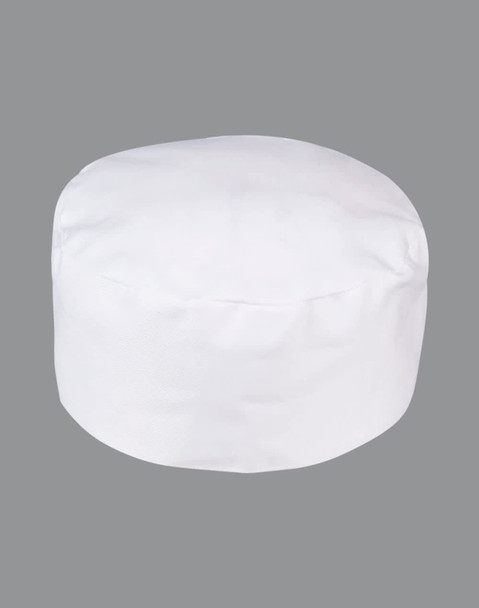 A white chef's cap with a structured design, featuring a branding logo. The background is grey.