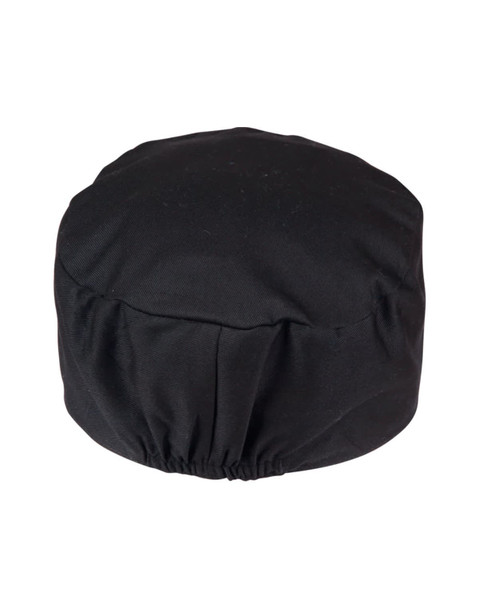 A black Chef's Cap featuring an elasticated band for a secure fit and a rounded top design.
