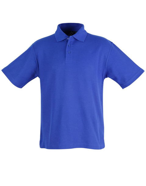 A blue children's polo shirt featuring short sleeves and a classic collar, with a button placket and branding.