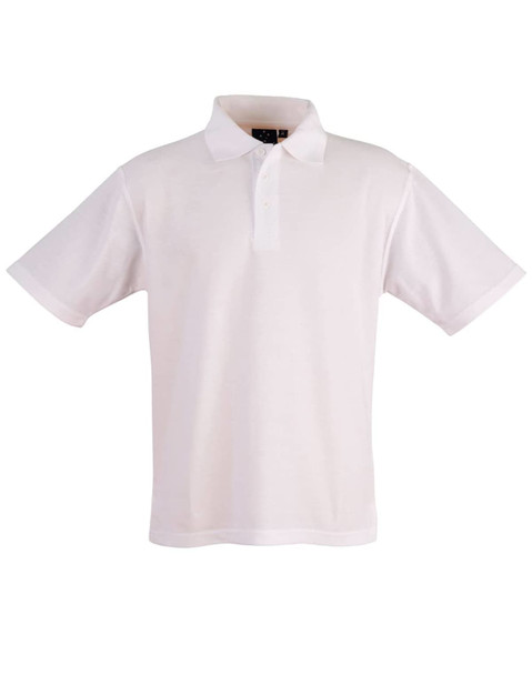 A white traditional polo shirt with a collar and short sleeves, featuring a logo on the chest.