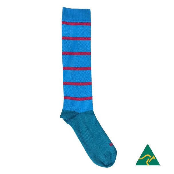 A blue compression football sock with red stripes and a logo on the side.
