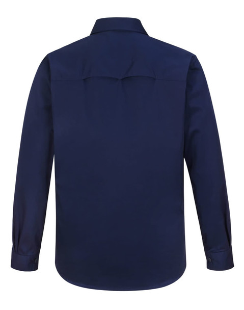 A navy long-sleeve work shirt with a closed front and collar, featuring a logo.