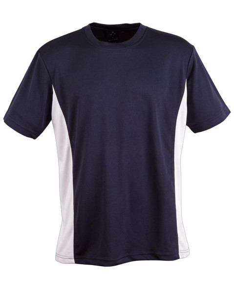 A short sleeve contrast tee in navy blue and white, featuring a logo on the front.