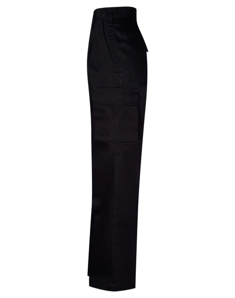 Black long-fit work pants featuring a drill pant pocket on the leg and a logo.