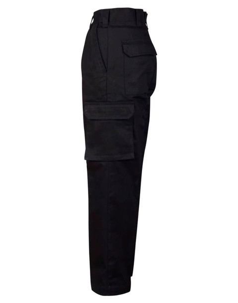 A pair of black regular fit cargo pants featuring a side drill pant pocket. The pants have a sleek profile and a logo.