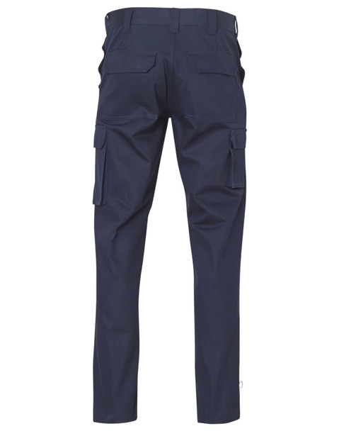 Navy cargo pants with drill pant pockets on the legs and a stout fit, featuring two rear pockets.