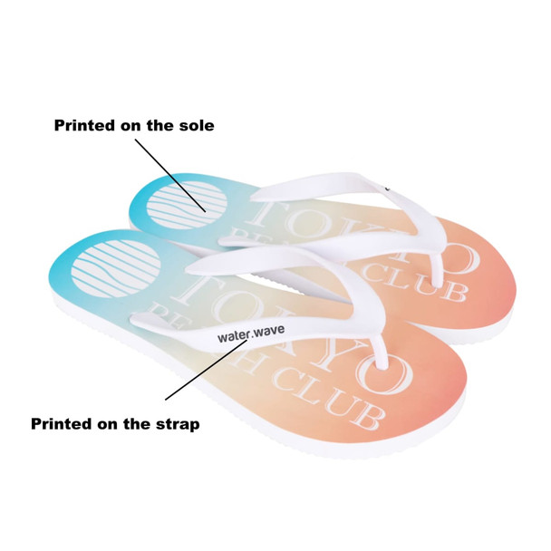 A pair of EVA Classic Thongs featuring a gradient design in blue and orange, with a white strap and sole.