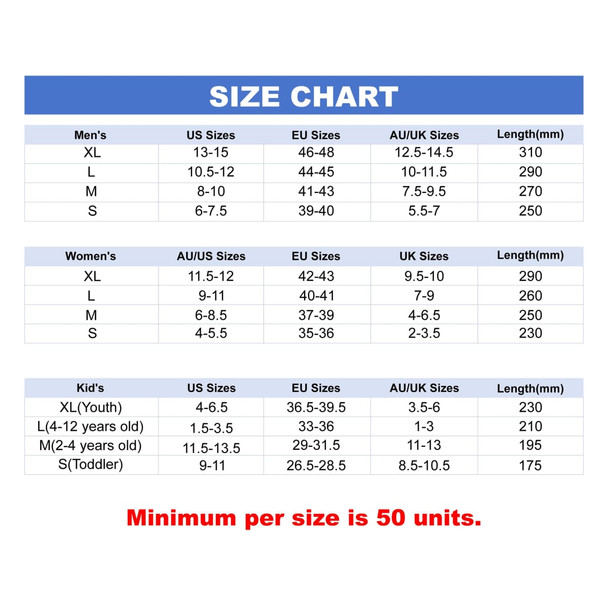 A size chart displaying measurements for men's, women's, and kid's sizes, including US, AU, and EU sizing.