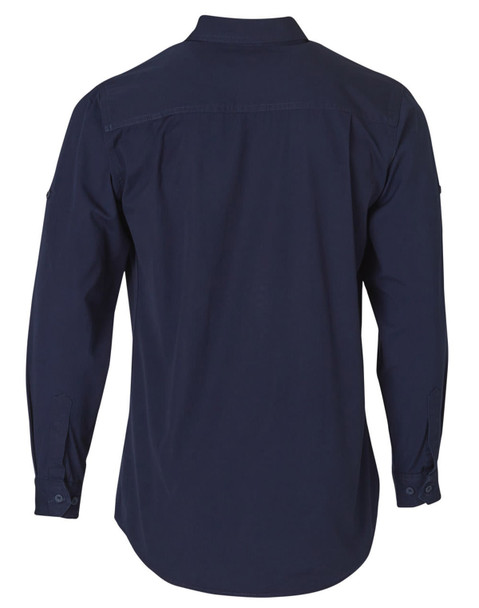 A navy blue long sleeve work shirt with a collar and buttoned cuffs. The back features a simple design and a logo.