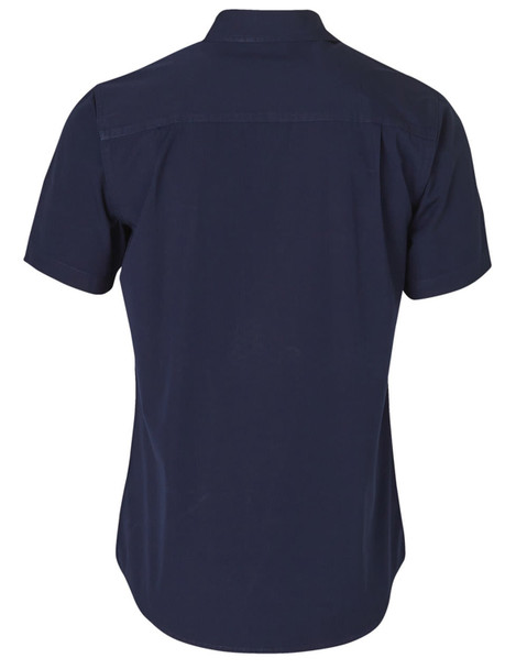A navy blue short sleeve work shirt featuring a collar and a back yoke, with a branding logo on the label.