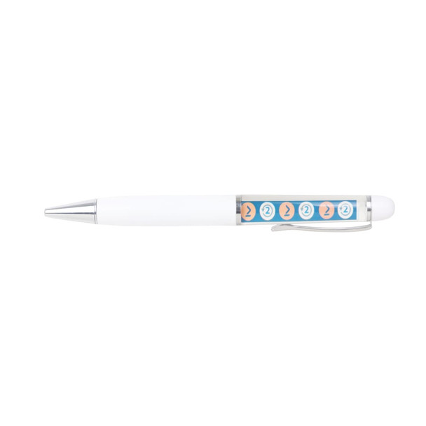A white plastic pen with a transparent barrel featuring colourful floating elements and a silver clip.