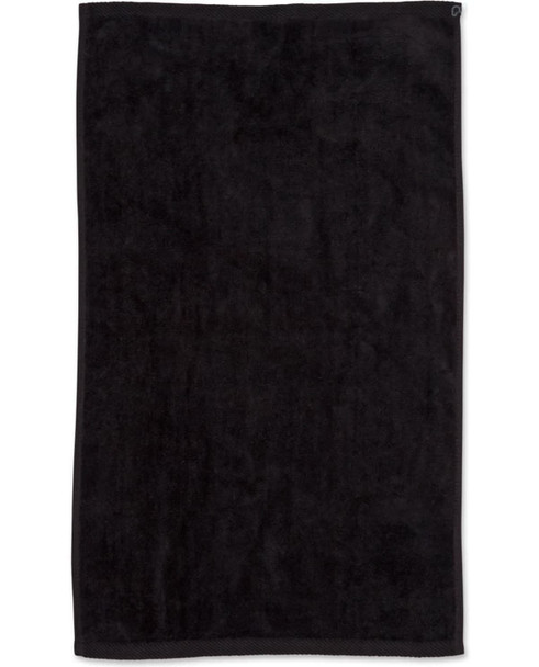 A black golf towel measuring 38 x 65 cm, featuring a brand logo. Soft and absorbent.