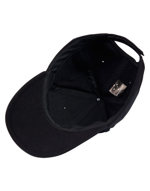 A black heavy brushed cotton cap featuring an internal label and ventilation holes.