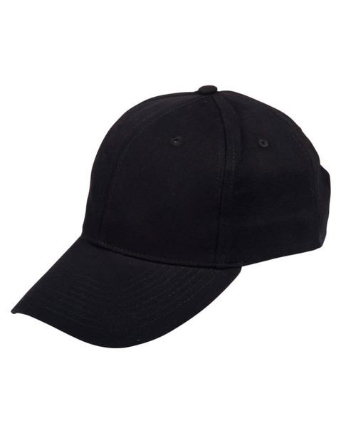 A black heavy brushed cotton cap featuring a curved brim and a fitted design, with a logo on the front.