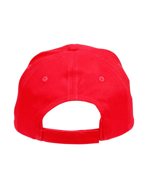 A red heavy brushed cotton cap featuring a strapback design and a logo on the back.