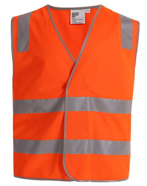 An orange safety vest featuring shoulder reflective tapes and a logo. Suitable for safety wear.