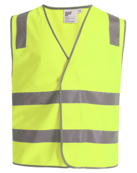 A bright yellow safety vest featuring grey shoulder reflective tapes and a front opening. It includes a logo on the label.
