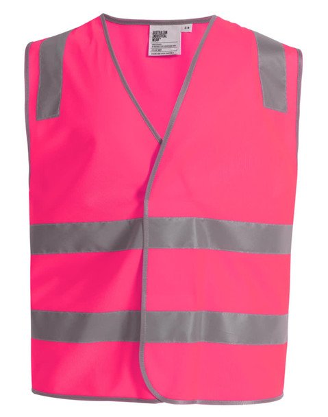 A bright pink safety vest featuring silver reflective tapes, designed for high visibility. It has a simple, open-front design.