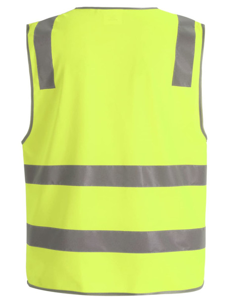 A bright yellow safety vest featuring grey shoulder reflective tapes, designed for visibility and safety.