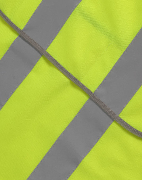 A bright yellow safety vest featuring grey reflective shoulder tapes, along with a logo.