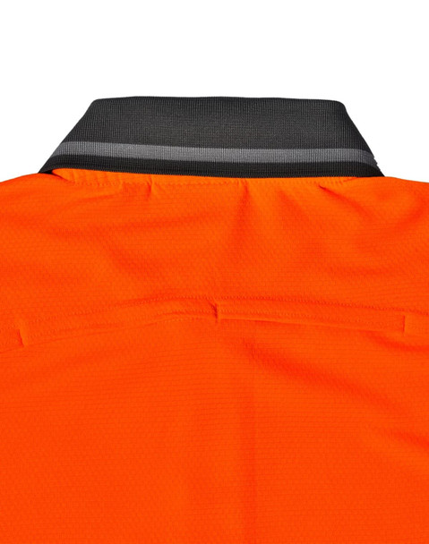 A close-up of the back collar of an orange polo shirt, featuring a grey striped detailing and a logo.