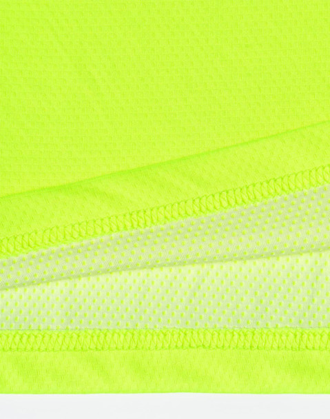 A bright yellow high-visibility polo shirt featuring vented sections and a breathable fabric texture.