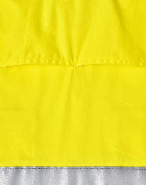 A bright yellow long-sleeved safety shirt with reflective grey material at the bottom and a logo present.