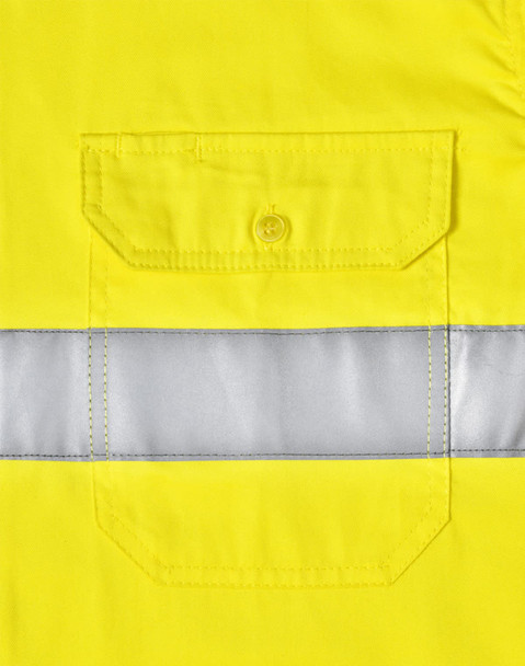 A bright yellow long-sleeve safety shirt featuring a reflective tape and a buttoned pocket. It includes a logo.