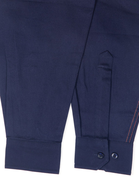 A navy long-sleeved safety shirt featuring segmented reflective tape and buttoned cuffs. Includes a logo.