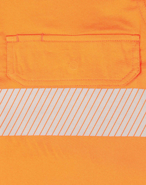 An orange long-sleeved safety shirt featuring segmented reflective tape and a chest pocket.