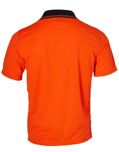 A Hi-Vis short-sleeve safety polo shirt in vibrant orange, featuring a contrasting black collar and logo.
