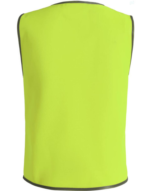 A bright yellow safety vest featuring grey trim and a simple design. It includes a logo.