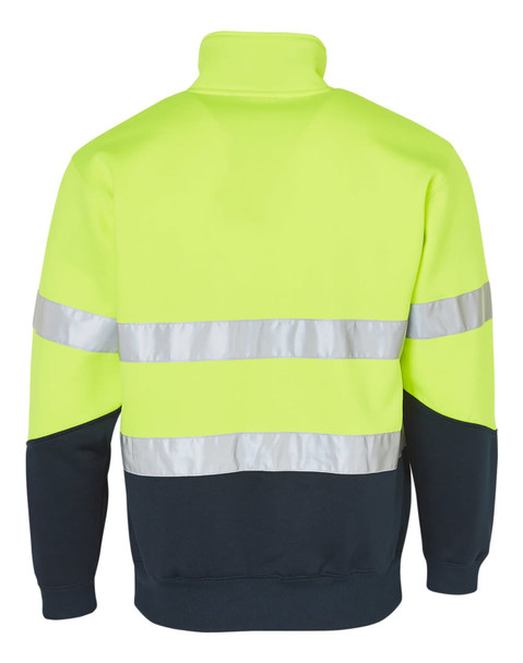 A high-visibility long-sleeve fleece collar sweater in bright yellow with reflective tape and a navy lower section.