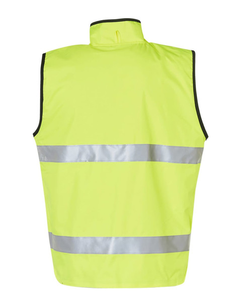 A Hi-Vis yellow reversible safety vest featuring 3M reflective tape, designed for safety wear.