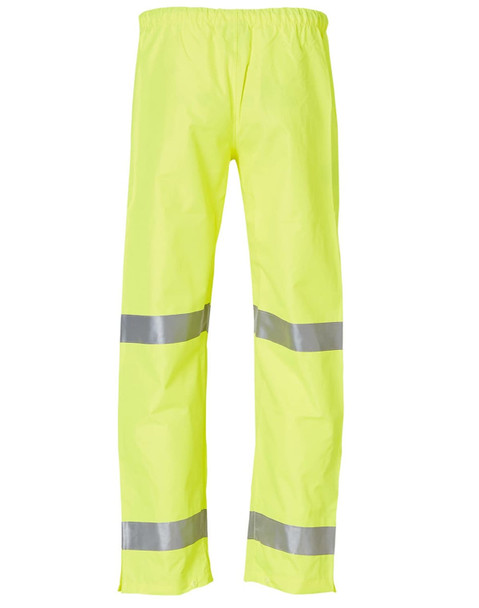 Hi-Vis safety pants in bright yellow featuring reflective 3M tape stripes. Includes an elastic waistband and has branding.