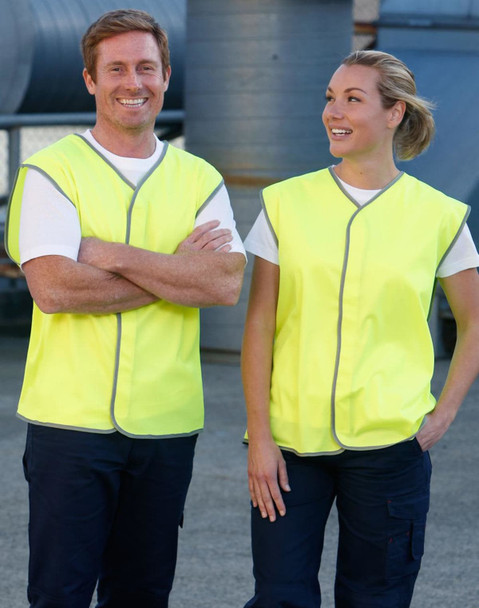 A hi-vis safety vest in bright yellow, worn by two smiling individuals. The vests feature a grey trim and have a logo.