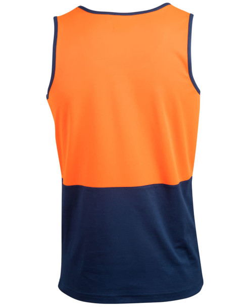 A safety singlet featuring a bright orange upper and dark navy lower, designed for high visibility. It has a logo.