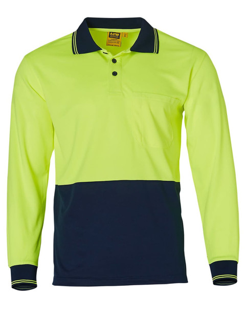 A long-sleeve, hi-vis polo shirt in bright yellow and navy blue, featuring a pocket and a small logo.