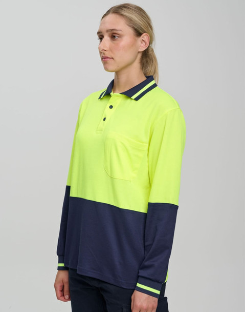 Hi-Vis long-sleeve safety polo in bright yellow with navy blue accents and a pocket, featuring a logo.