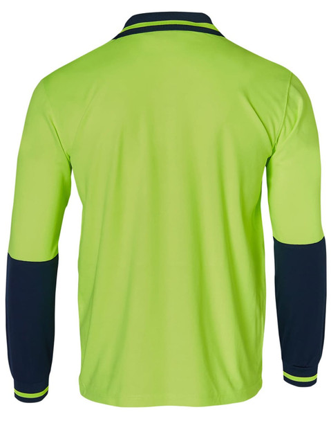 A long-sleeved work polo shirt in high visibility green with navy blue accents on the sleeves and collar, featuring a logo.