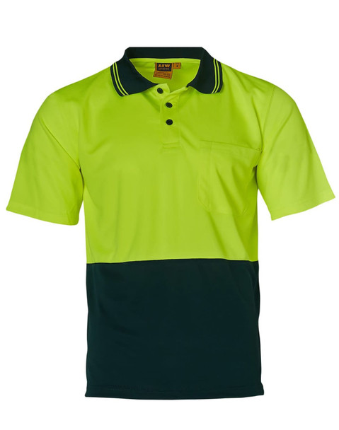 A high-visibility short-sleeve polo shirt in bright yellow and dark navy, featuring a pocket and logo branding.