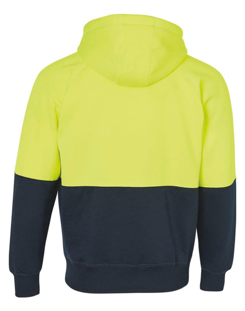 A two-tone hooded fleece jacket featuring a high visibility yellow upper and a navy lower section, with a hood at the back.